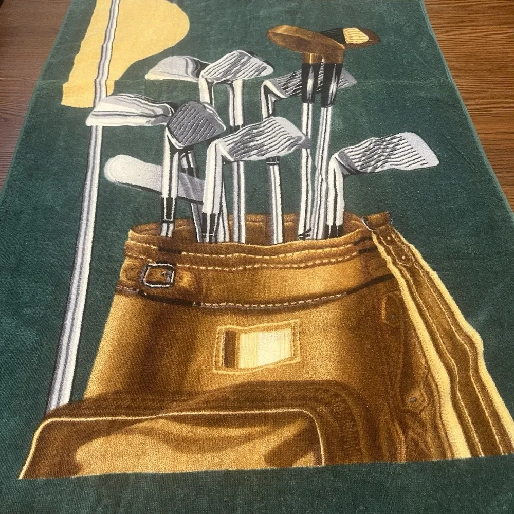 Vintage Hilasal Golf Beach Towel 19th Hole Clubs Flag Ball 100% Cotton Green
